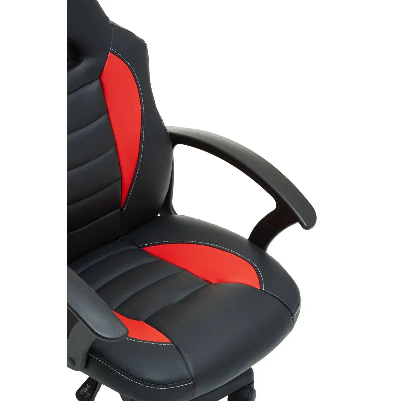 Black and red gaming chair with padded armrests and ergonomic seat detail