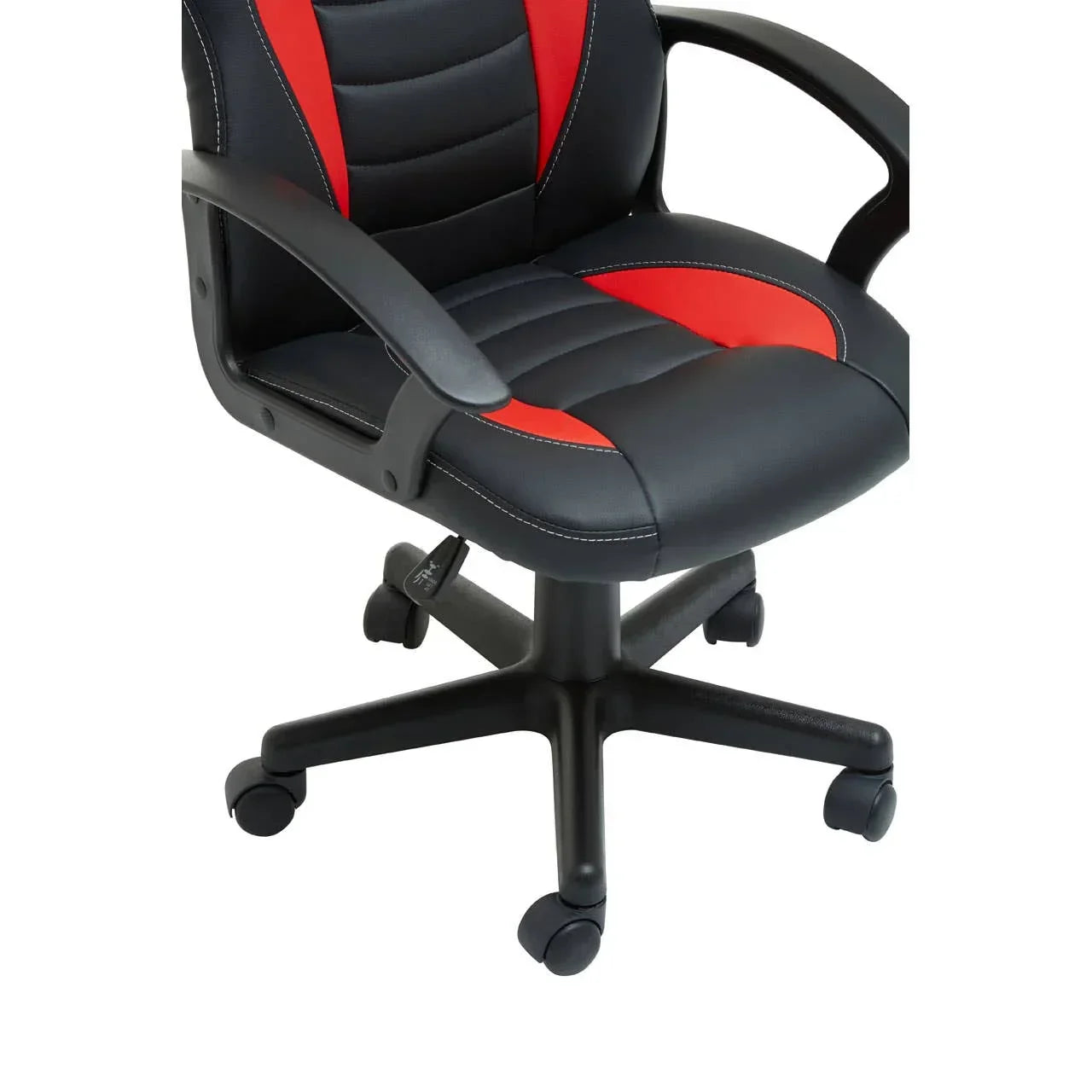 Black and red office chair with cushioned seat, curved armrests, and wheeled base