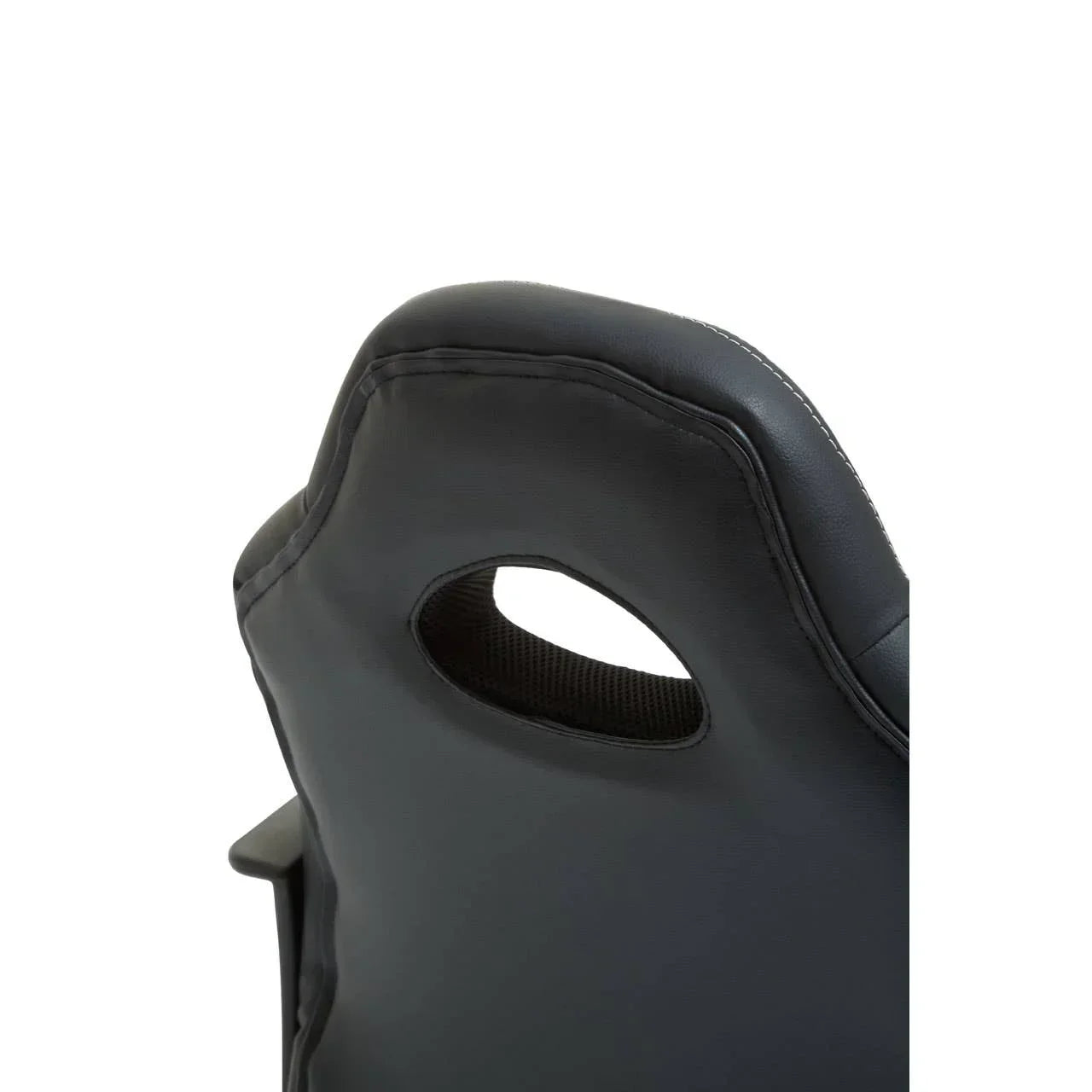 Black faux leather chair backrest with cutout handle and visible stitching detail