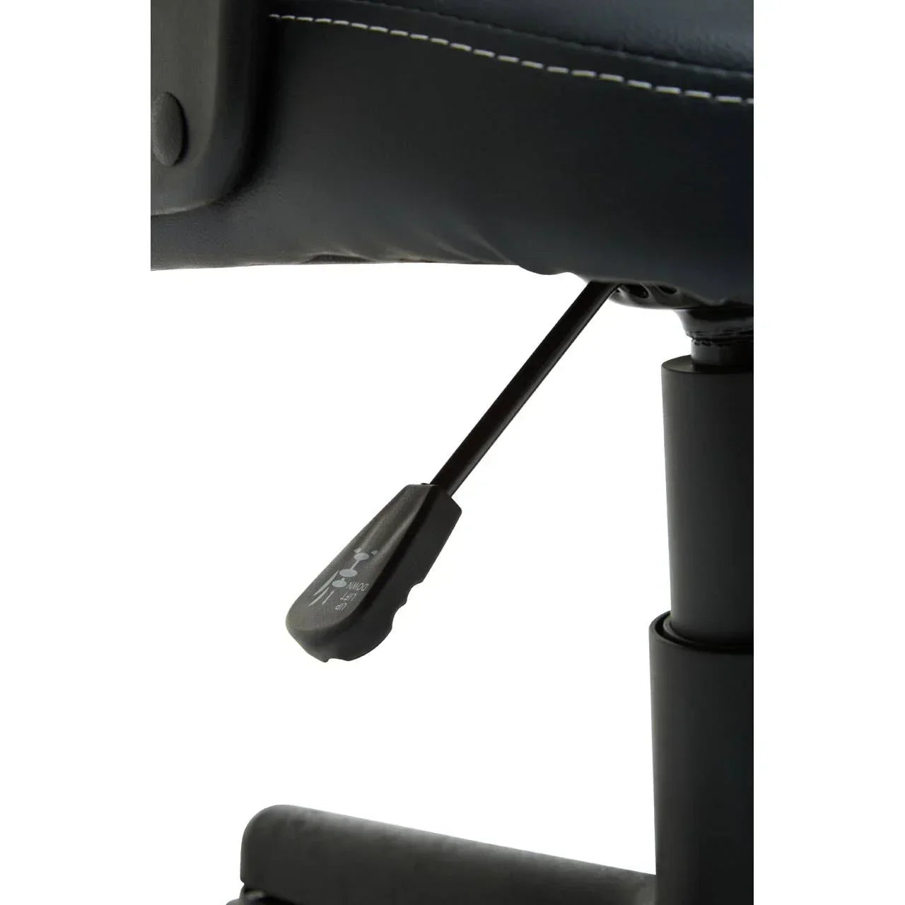 Closeup of office chair seat height adjustment lever and gas lift mechanism