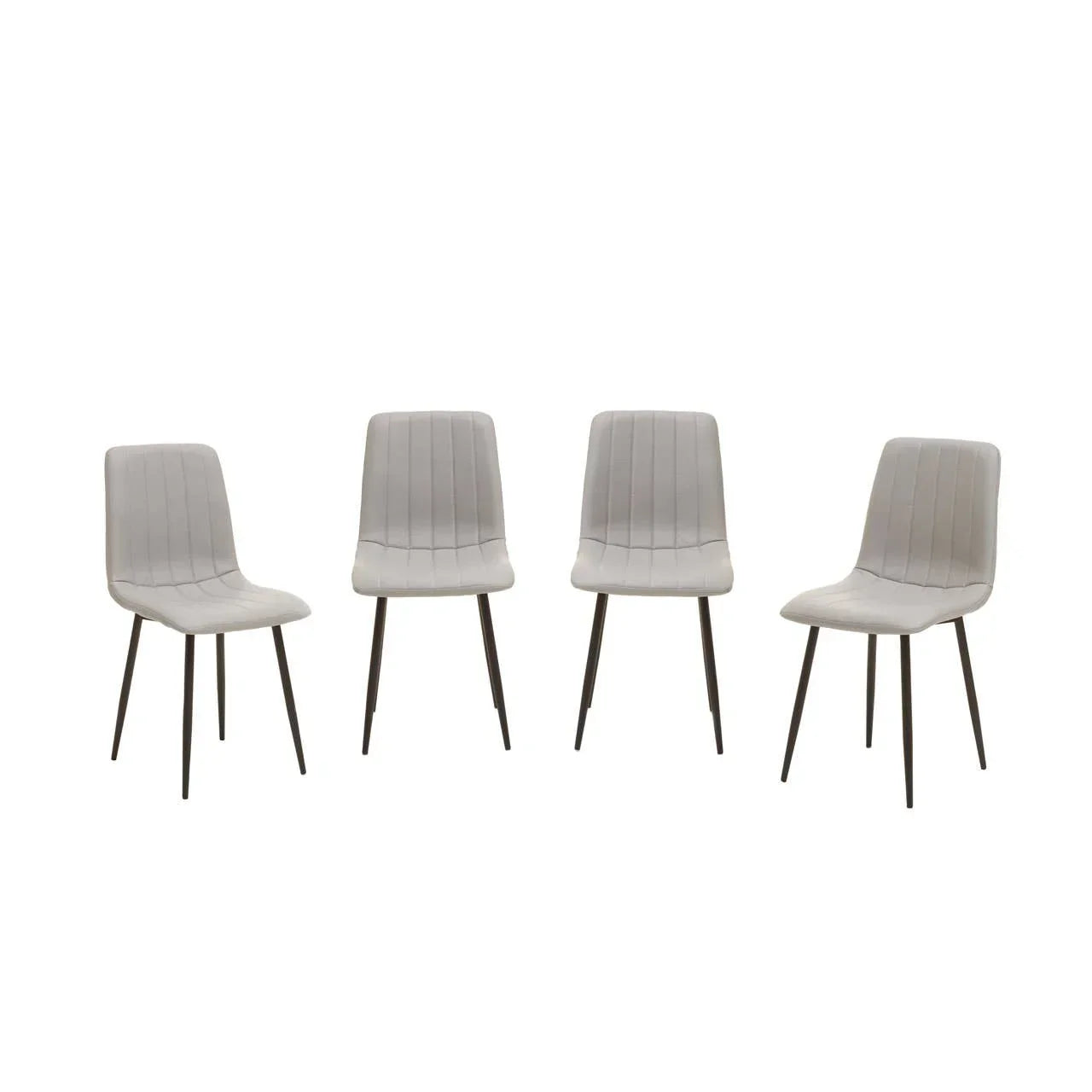 Set of four grey dining chairs with black metal legs and vertical stitching details