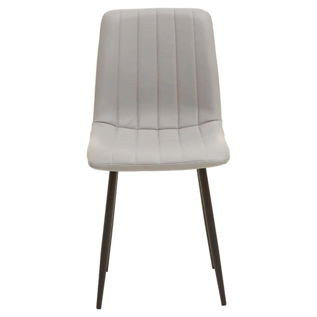 Grey dining chair with vertical stitching and black metal legs, front view