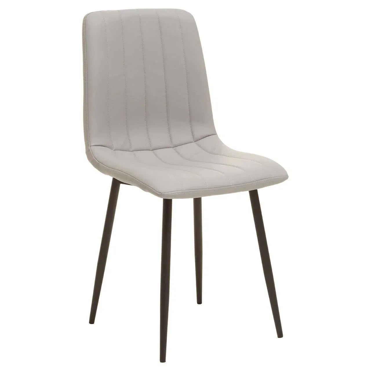 Light grey dining chair with stitched faux leather seat and black metal legs
