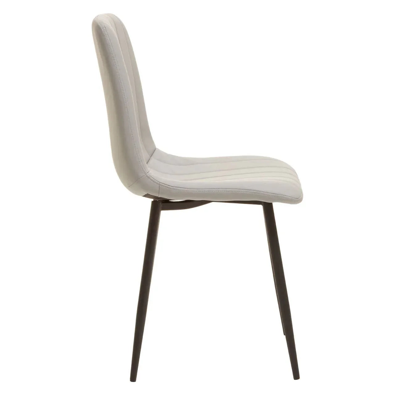 Side view of grey dining chair with padded seat and black metal legs