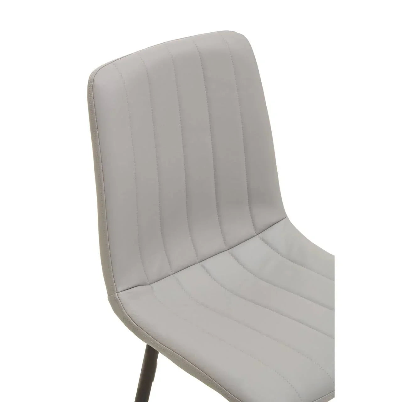 Grey faux leather dining chair with vertical stitching detail and metal legs