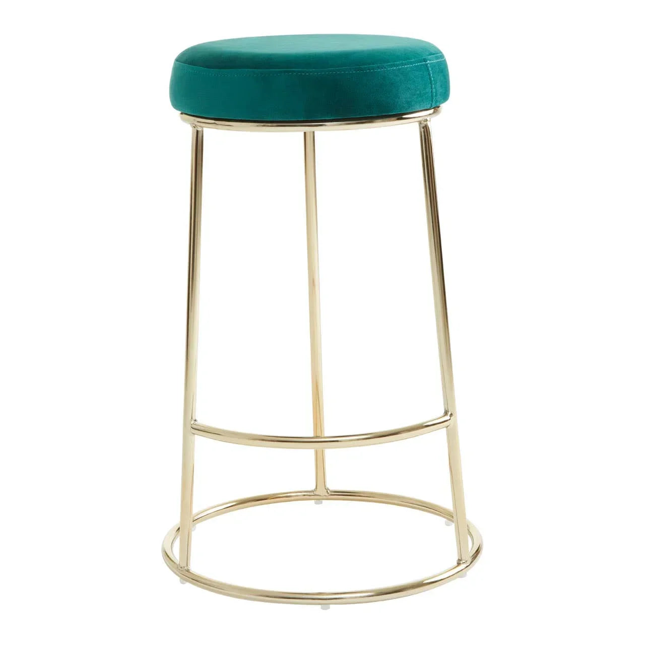 Teal velvet bar stool with gold metal frame and circular seat, side view