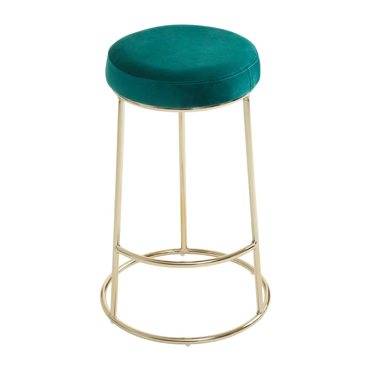 Velvet bar stool with gold metal frame and teal upholstered round seat