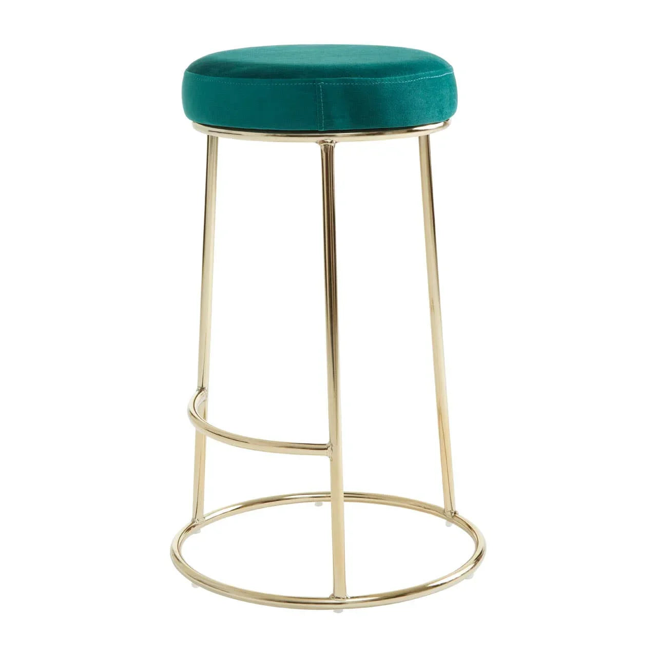Velvet teal bar stool with gold metal legs and footrest on white background