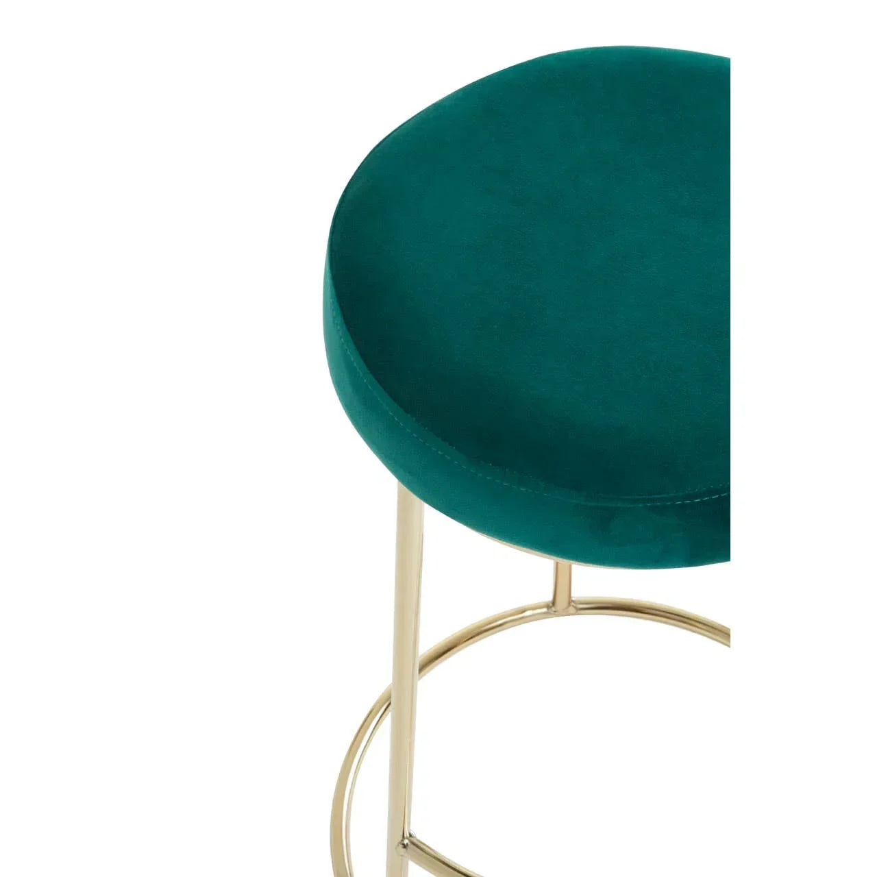 Green velvet bar stool seat with gold metal legs, close-up angle