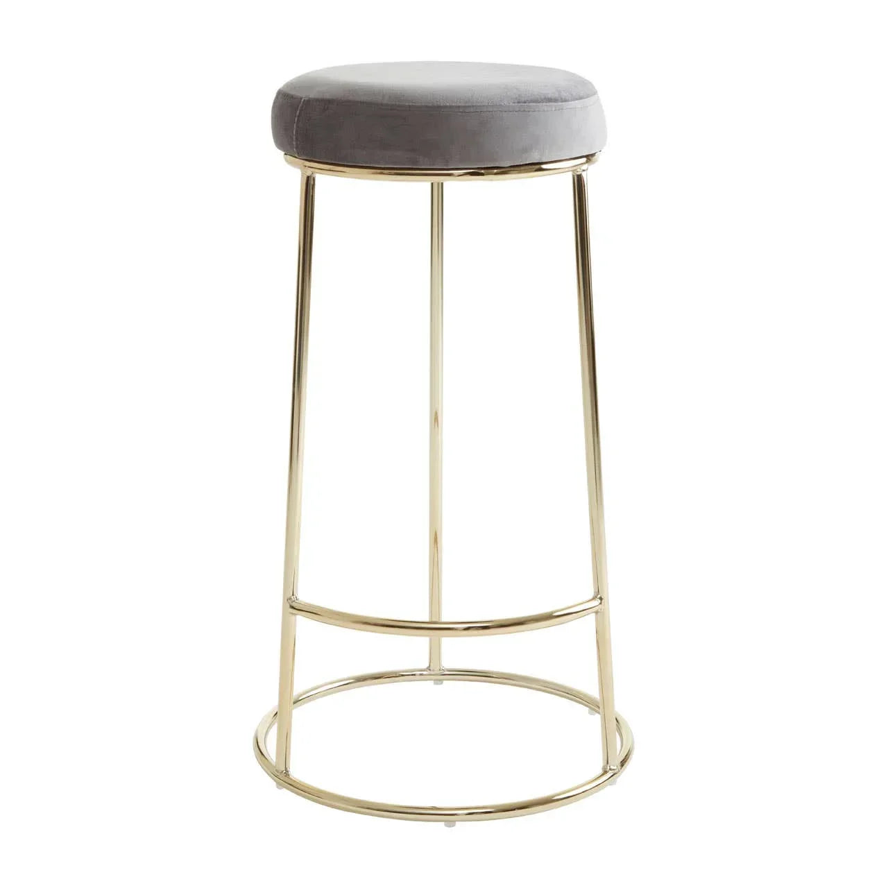 Grey velvet bar stool with gold metal frame and round seat on white background