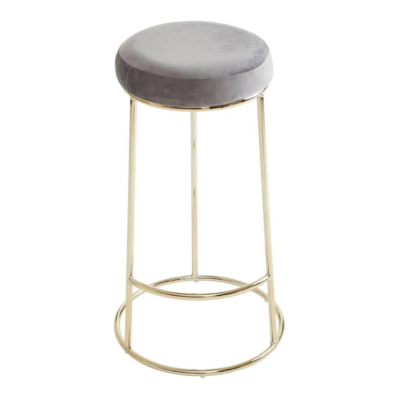 Grey velvet bar stool with gold metal frame and round seat
