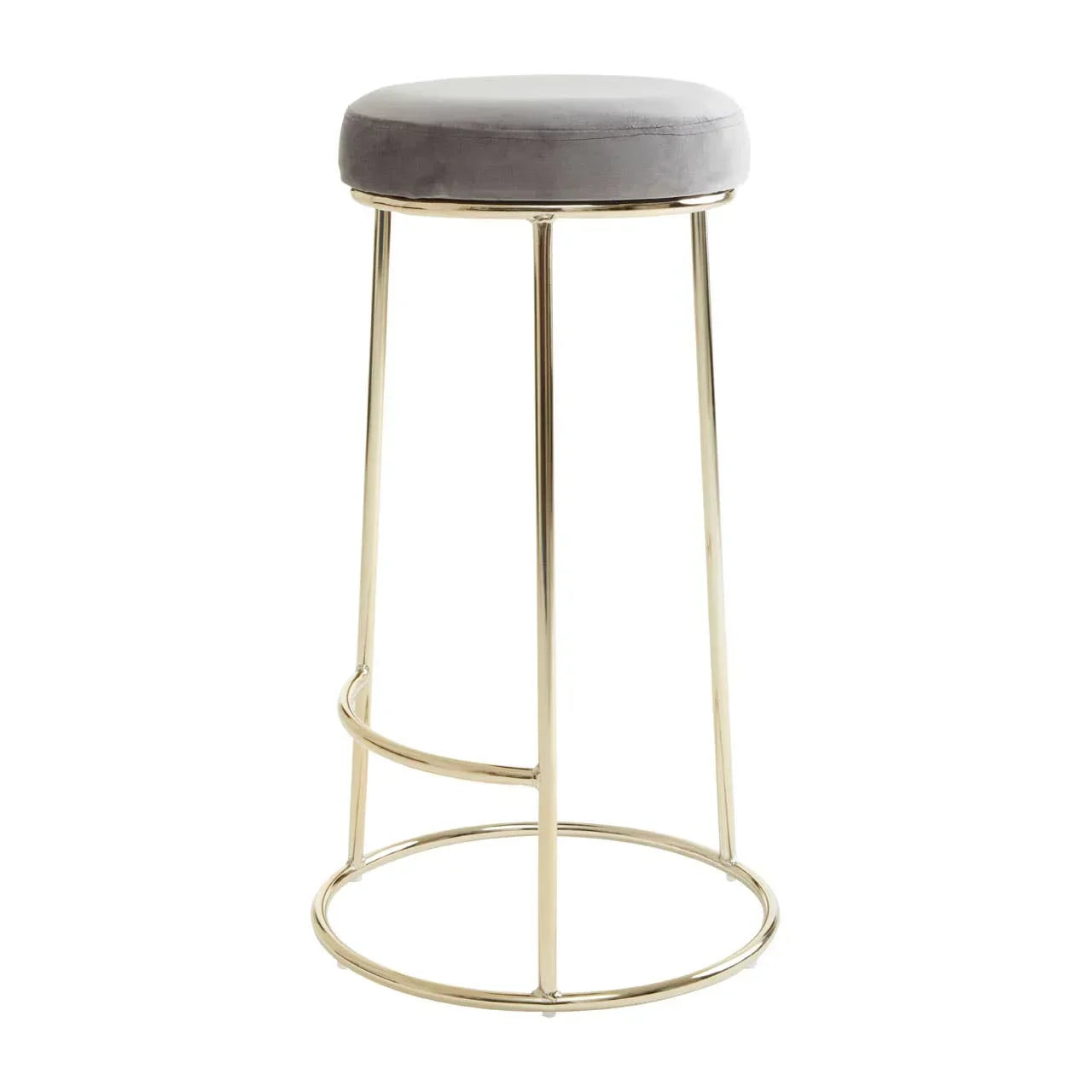 Grey velvet bar stool with gold metal frame and round footrest