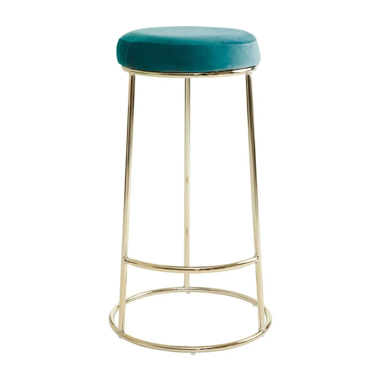 Velvet bar stool with teal seat and gold metal frame, side view