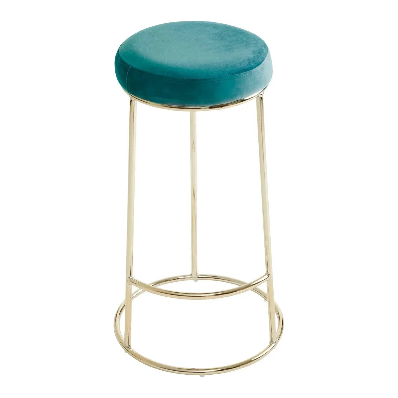 Velvet bar stool with teal round seat and gold metal legs