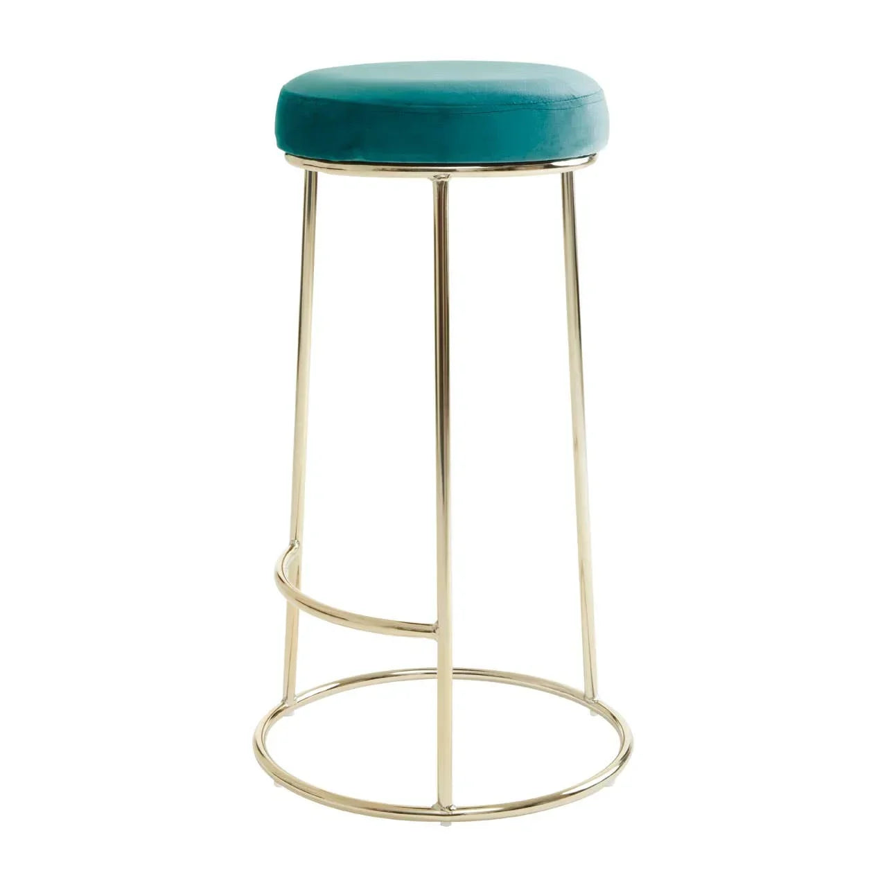 Modern bar stool with teal velvet seat and gold metal legs on white background