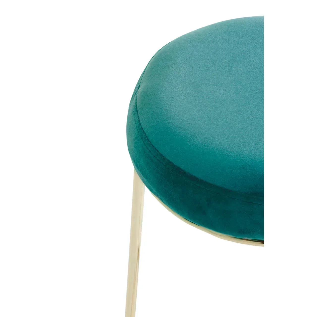 Velvet round seat stool with teal cushion and slim gold metal legs closeup