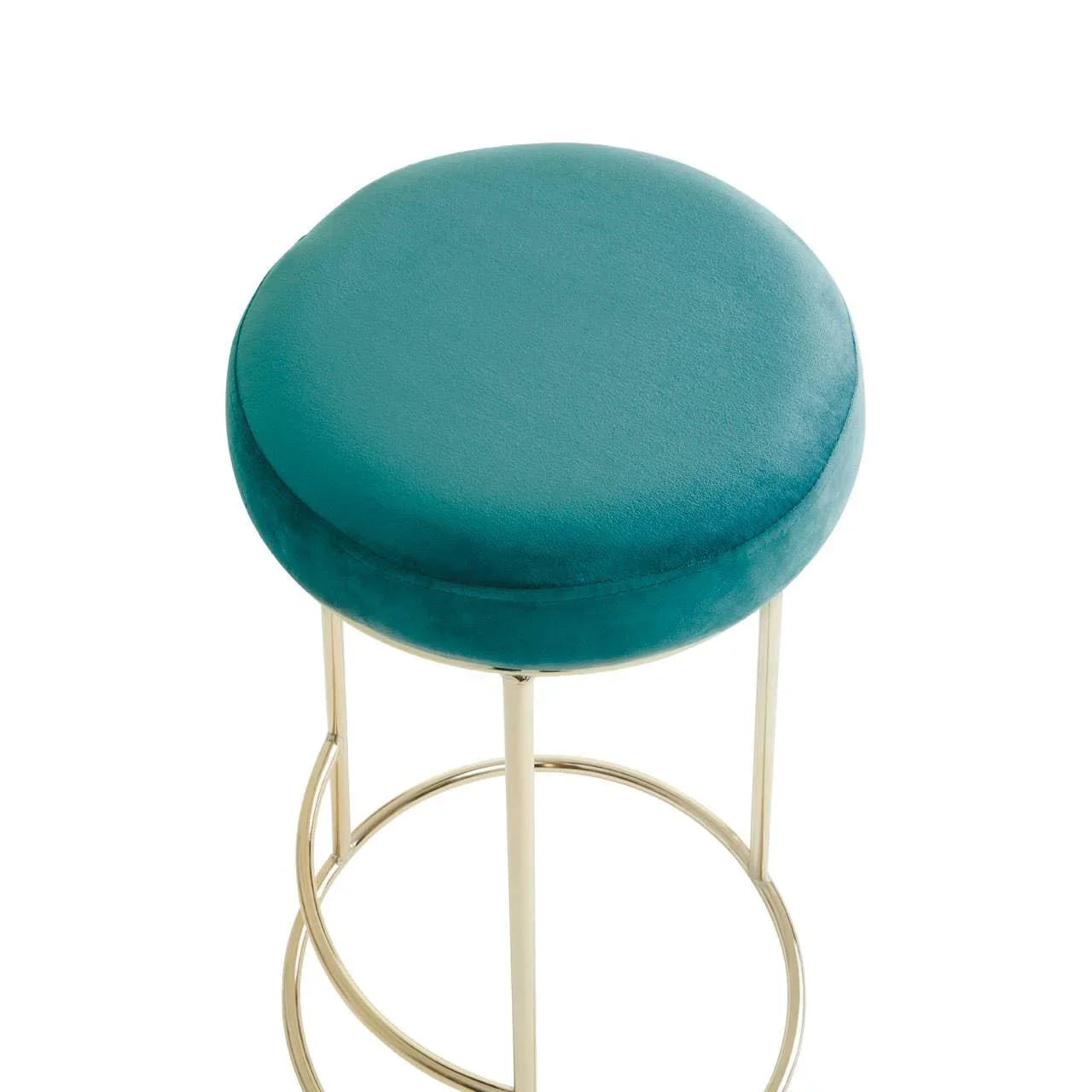 Teal velvet bar stool with gold metal legs and circular seat, angled top view