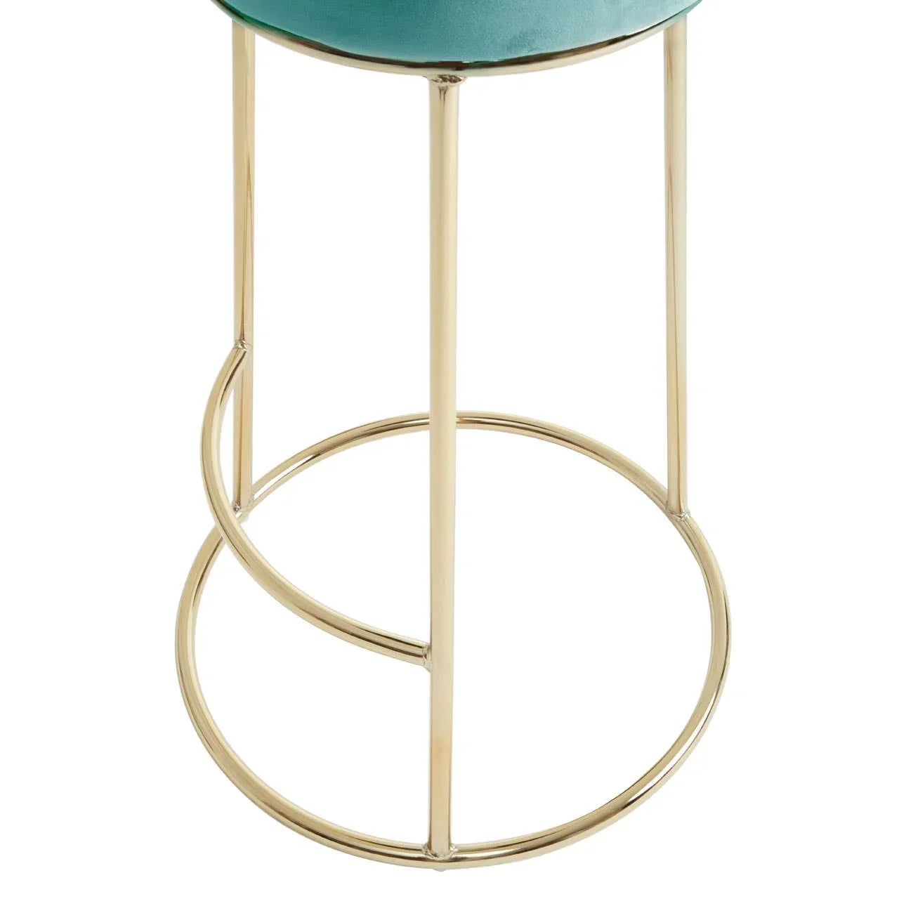 Green velvet bar stool with gold metal frame and circular footrest