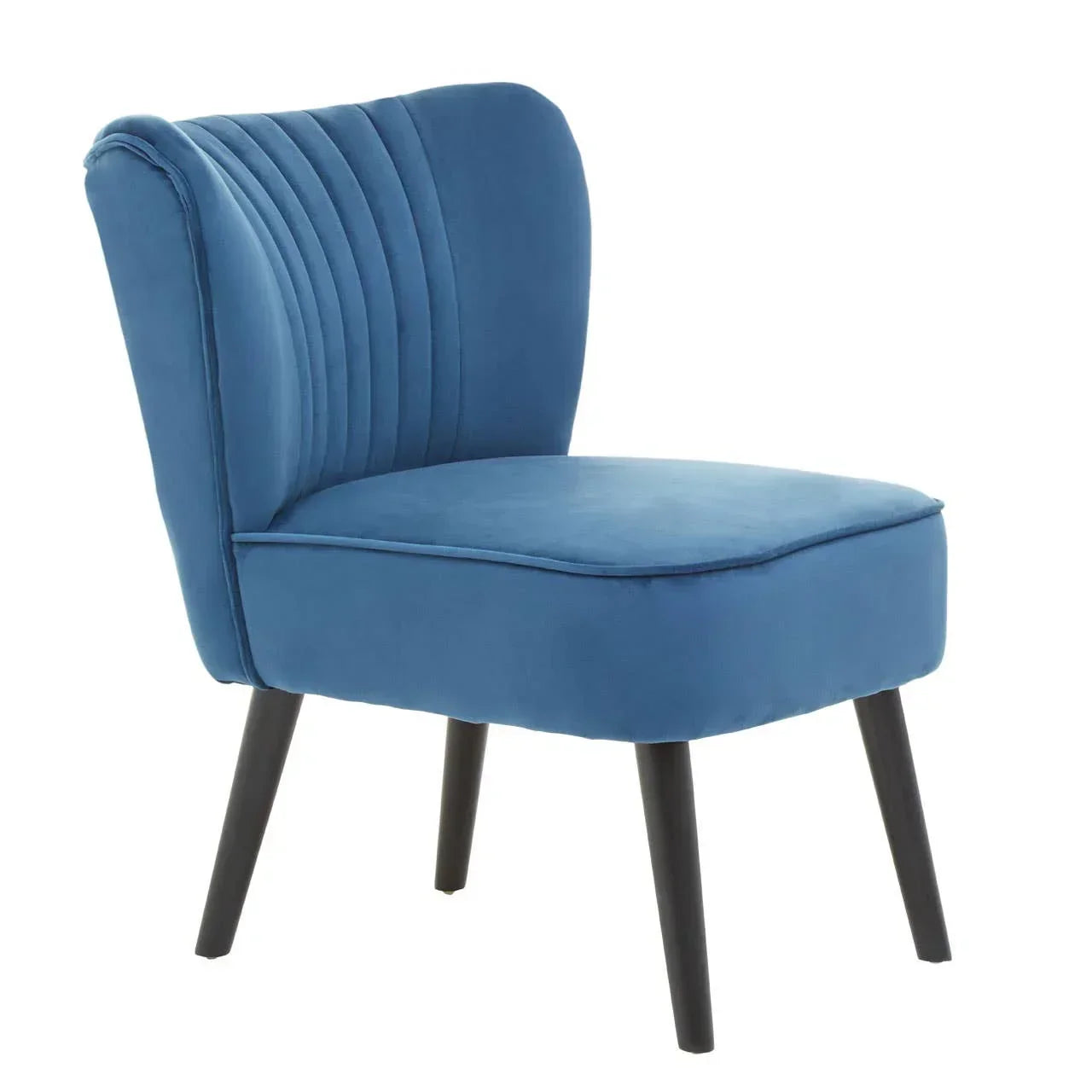 Blue velvet accent chair with vertical stitched backrest and black wooden legs