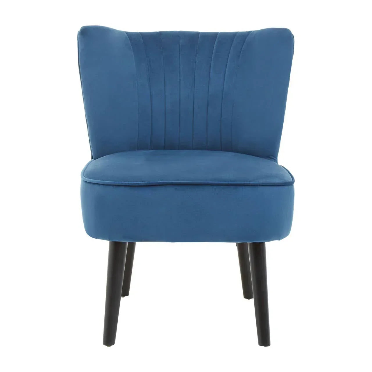 Blue upholstered accent chair with vertical stitched backrest and black wooden legs, front view