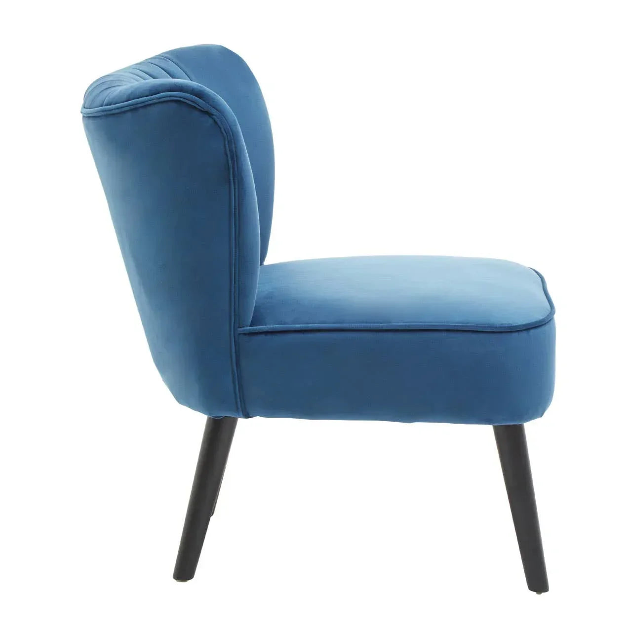 Blue velvet accent chair with black tapered legs, side profile view