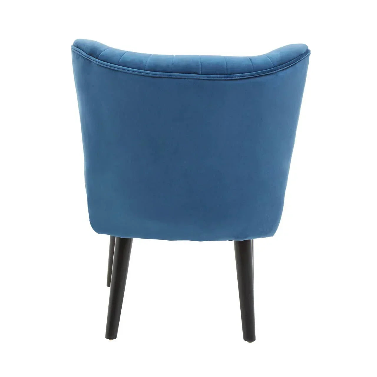 Rear view of blue velvet dining chair with black tapered legs