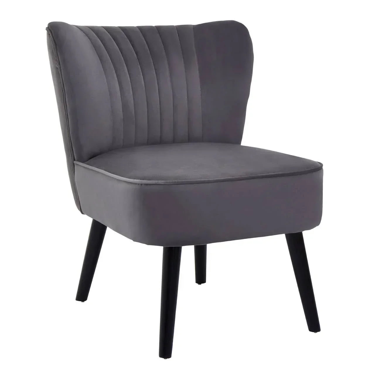 Grey velvet accent chair with vertical stitched backrest and black wooden legs