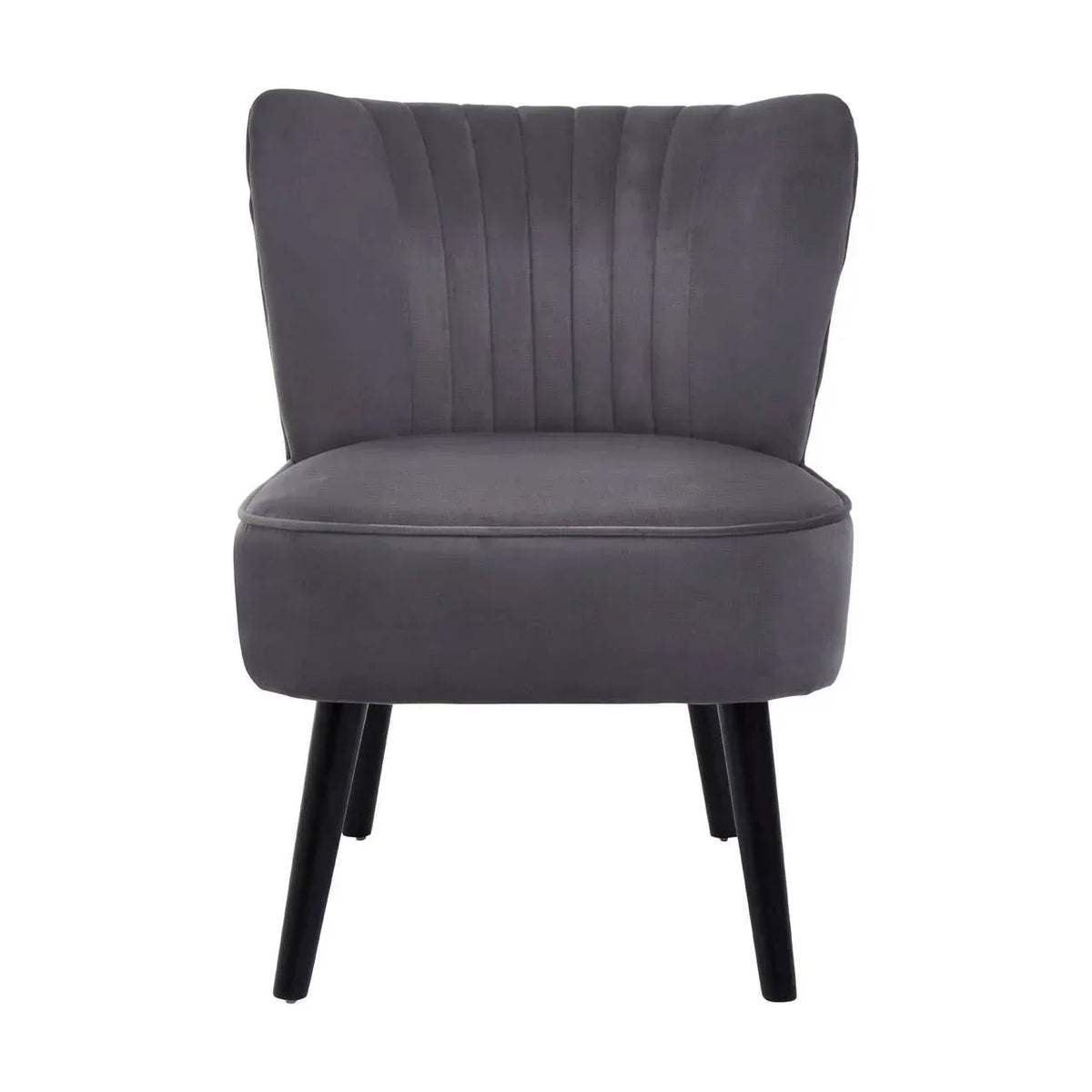 Grey velvet accent chair with vertical stitched backrest and black wooden legs