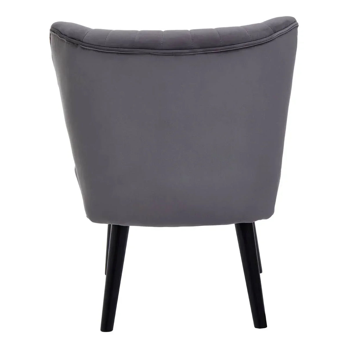 Back view of grey upholstered accent chair with slim black legs