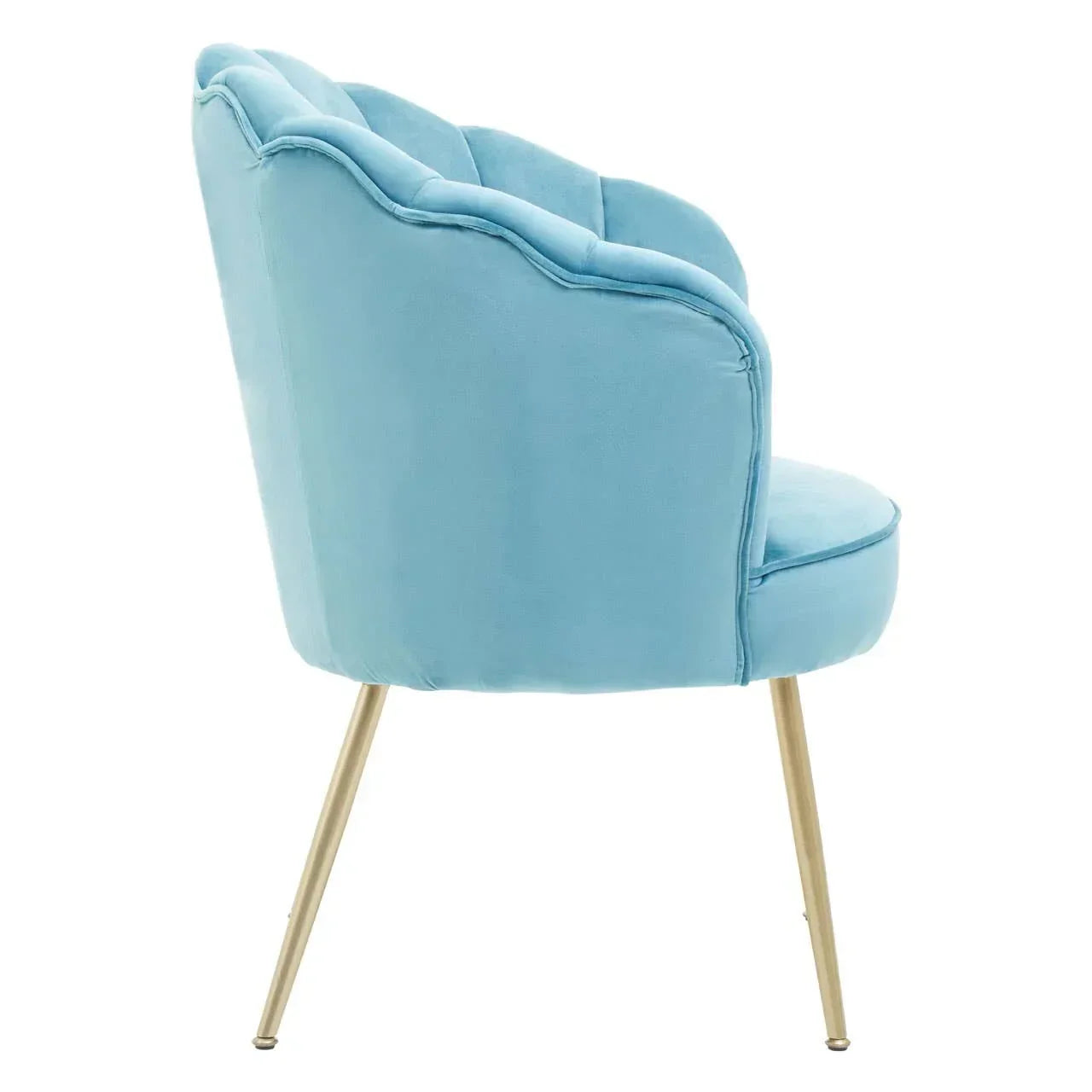 Blue velvet accent chair with gold legs, rear side view