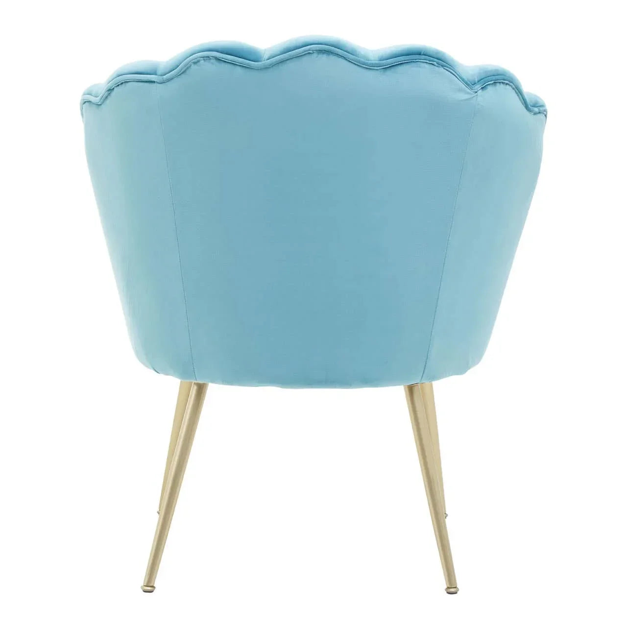 Back view of scalloped light blue accent chair with gold metal legs