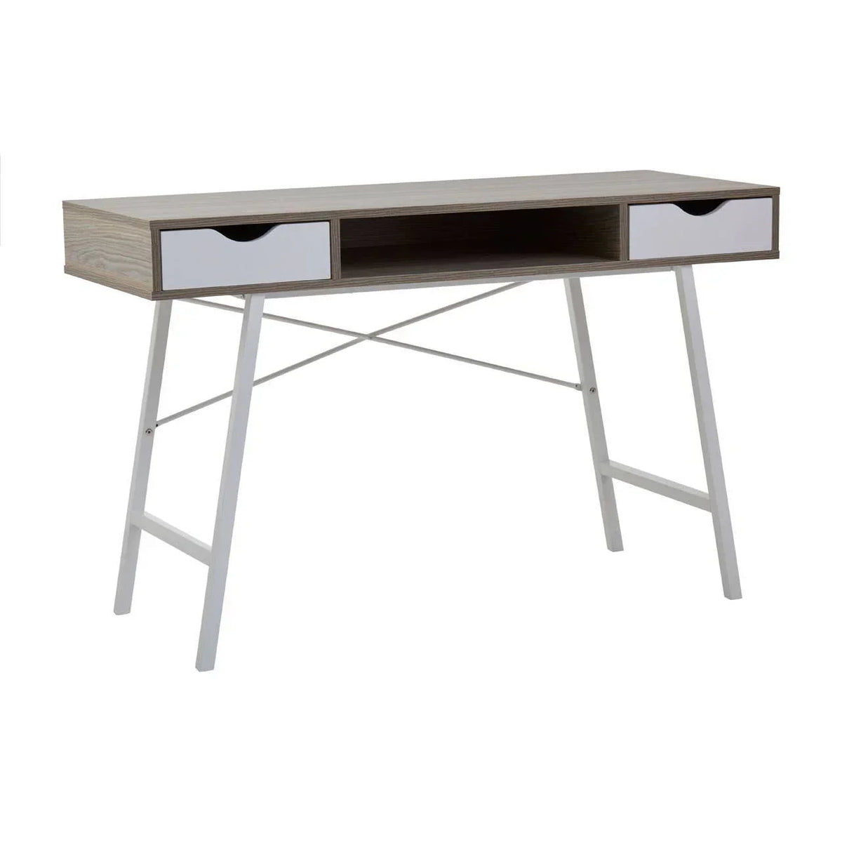 Light oak desk with white drawer fronts, angled three-quarter view