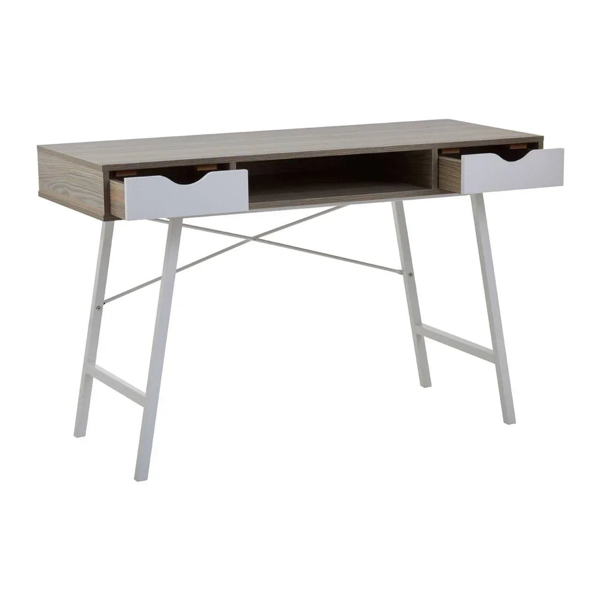 Light oak desk with left drawer open, white front, angled view