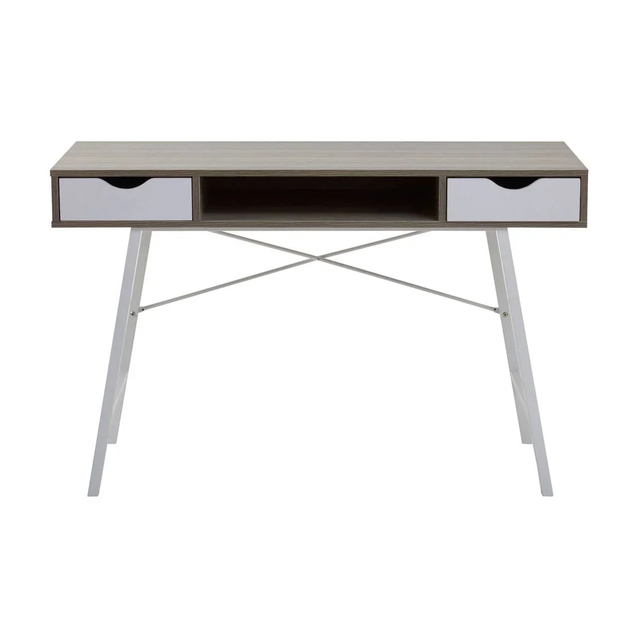 Modern desk with two white drawers, open shelf, light wood top, and white metal legs