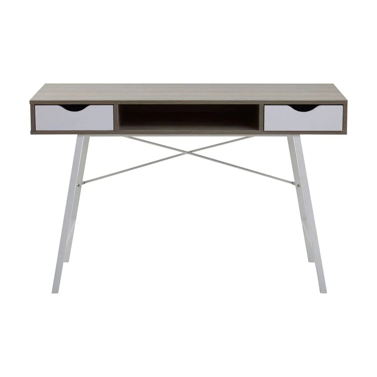 Light oak desk with white drawer fronts, straight front view, drawers closed