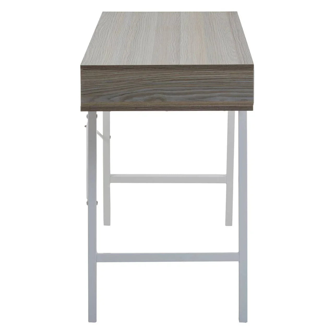 Modern wooden desk with light oak finish and white metal legs, front angle view