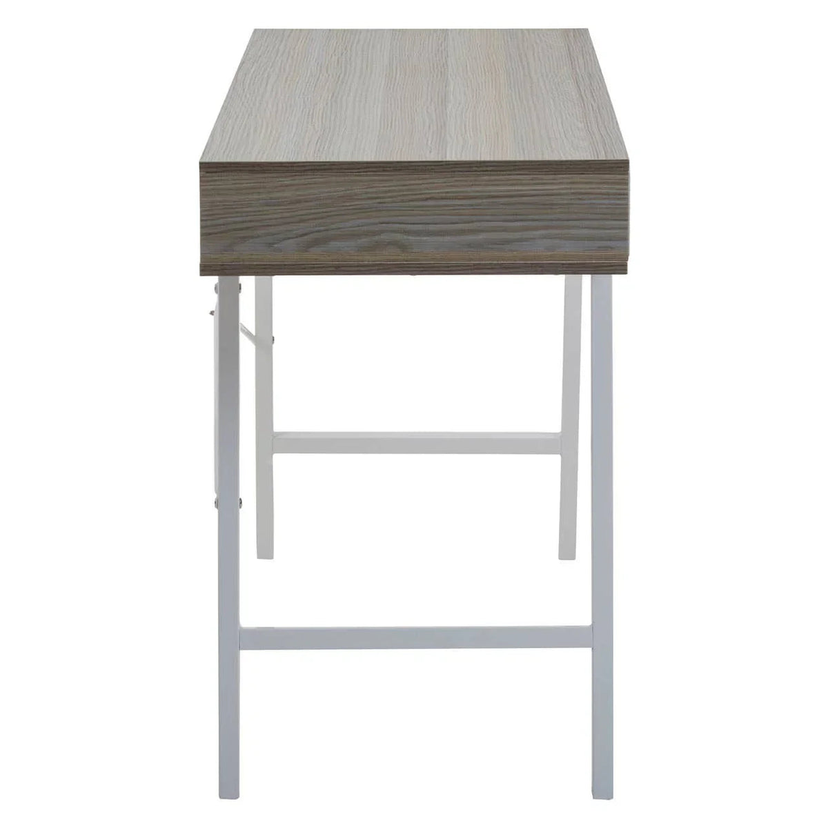 Light oak desk viewed side-on, showing white metal cross-brace legs
