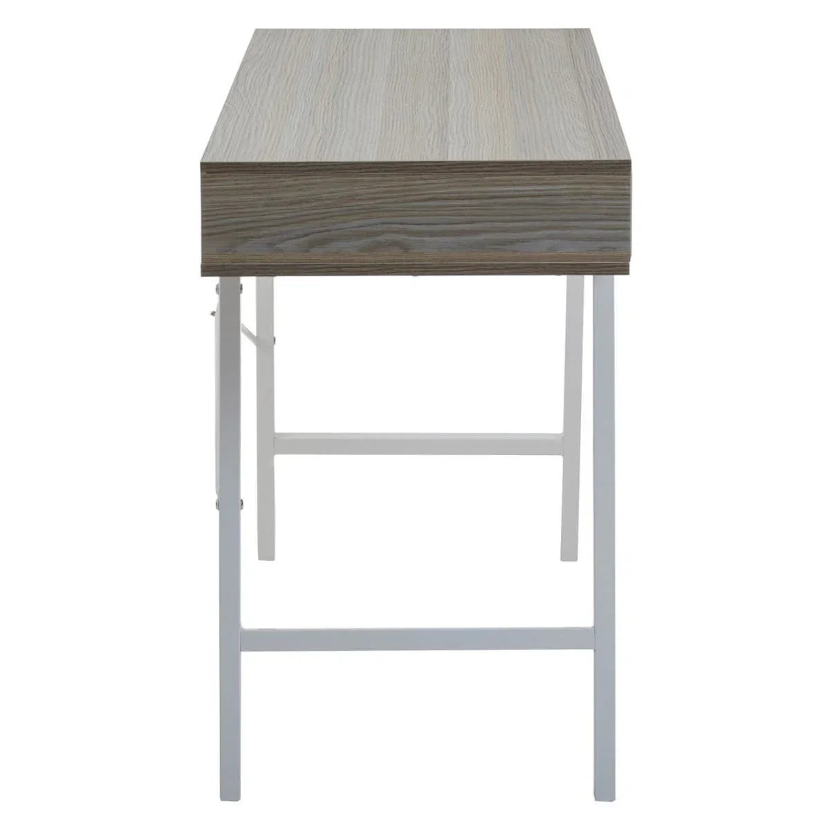 Side view of wooden top desk with white metal frame