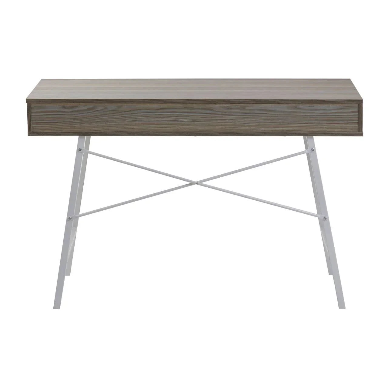 Modern wooden office desk with slim metal legs and minimalist design, front view
