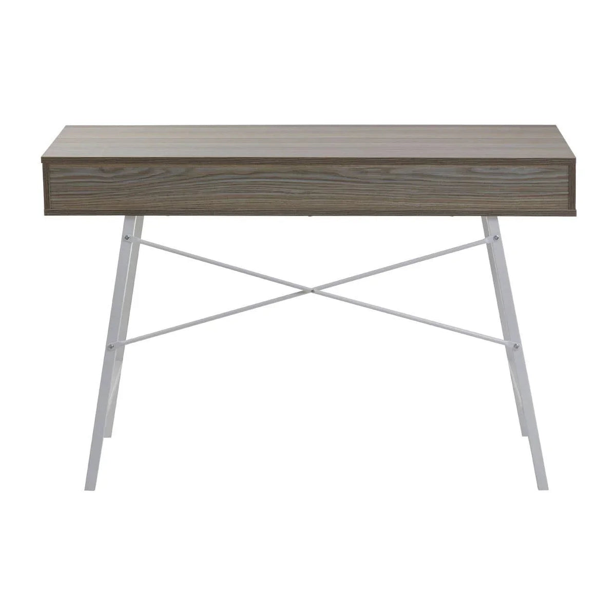 Light oak desk viewed from the back, plain panel, no drawer fronts, white cross-brace legs