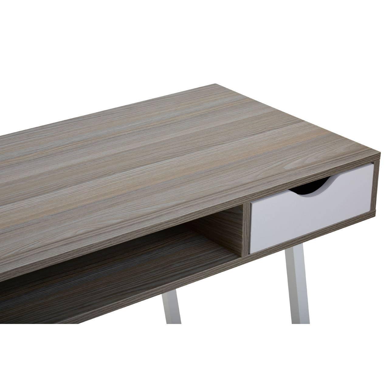 Oak effect desk with white drawer and storage shelf, closeup of corner and legs