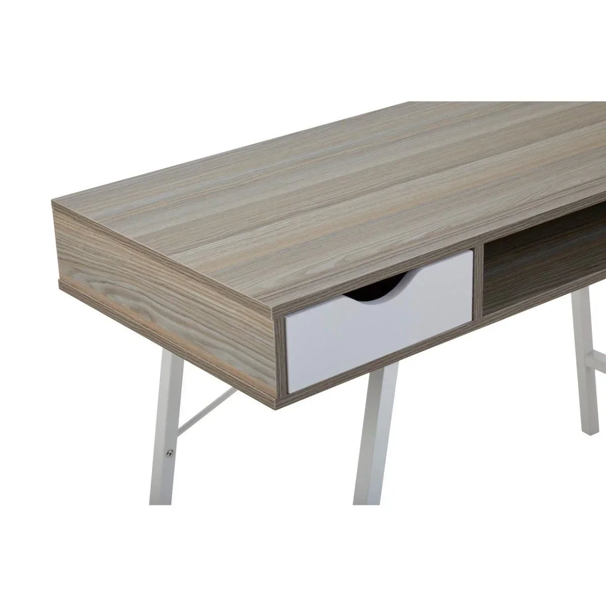 Modern wood desk with white metal legs, single white drawer and open storage compartment