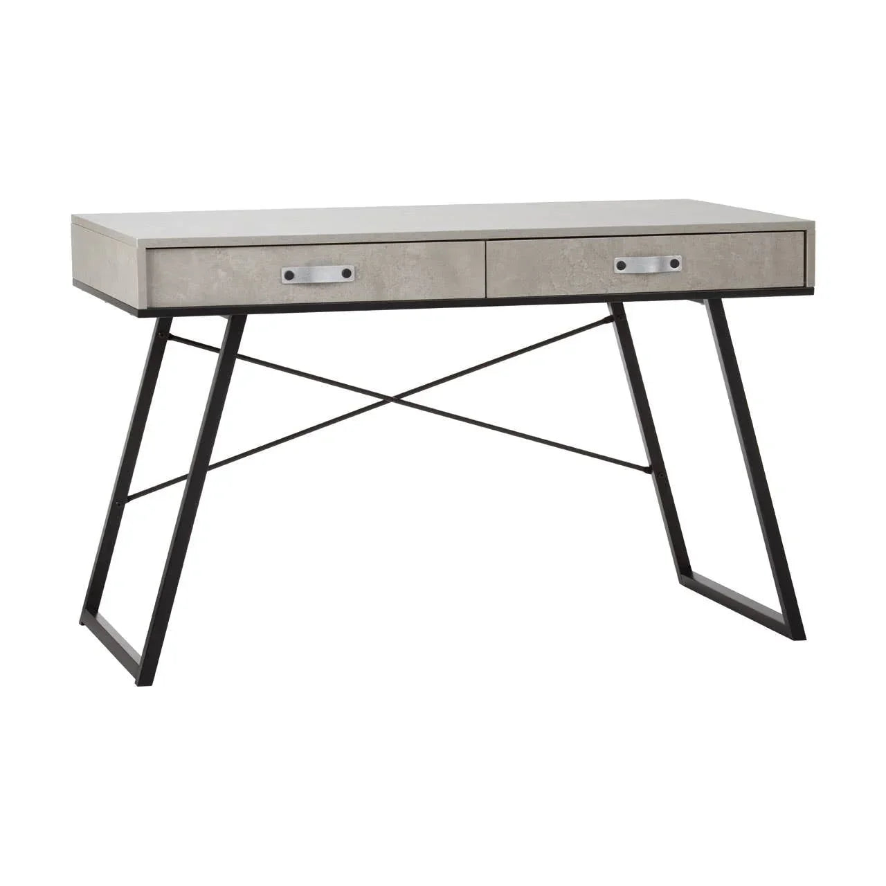 Modern desk with grey finish, two drawers, and black metal legs