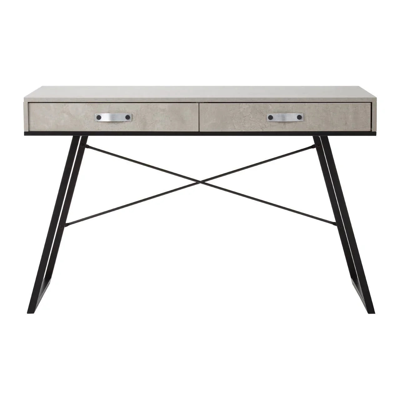 Modern writing desk with concrete-look top, two drawers, and black metal frame