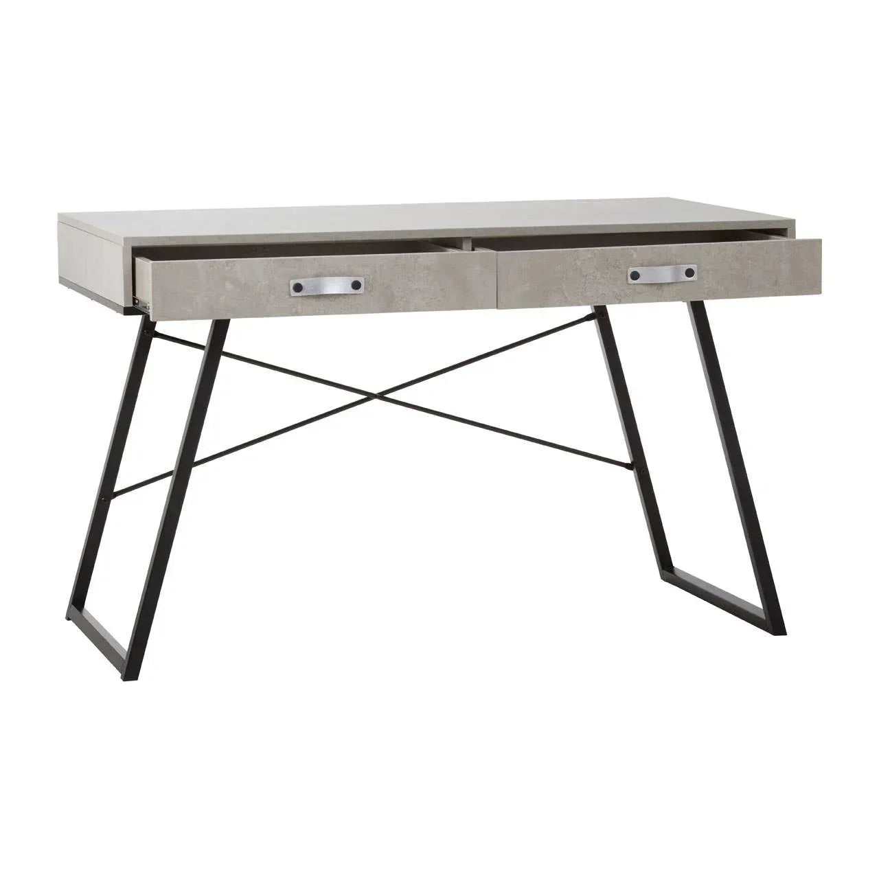 Grey concrete effect desk with black metal legs and two open drawers