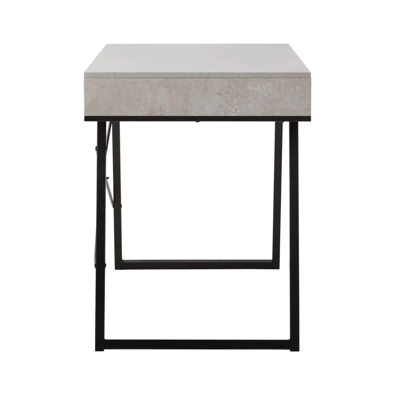 Modern concrete effect desk with black metal frame, side view
