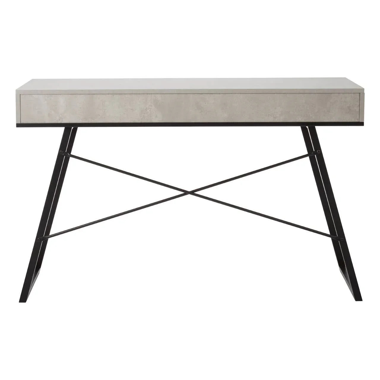 Modern writing desk with light concrete finish top and black metal cross frame