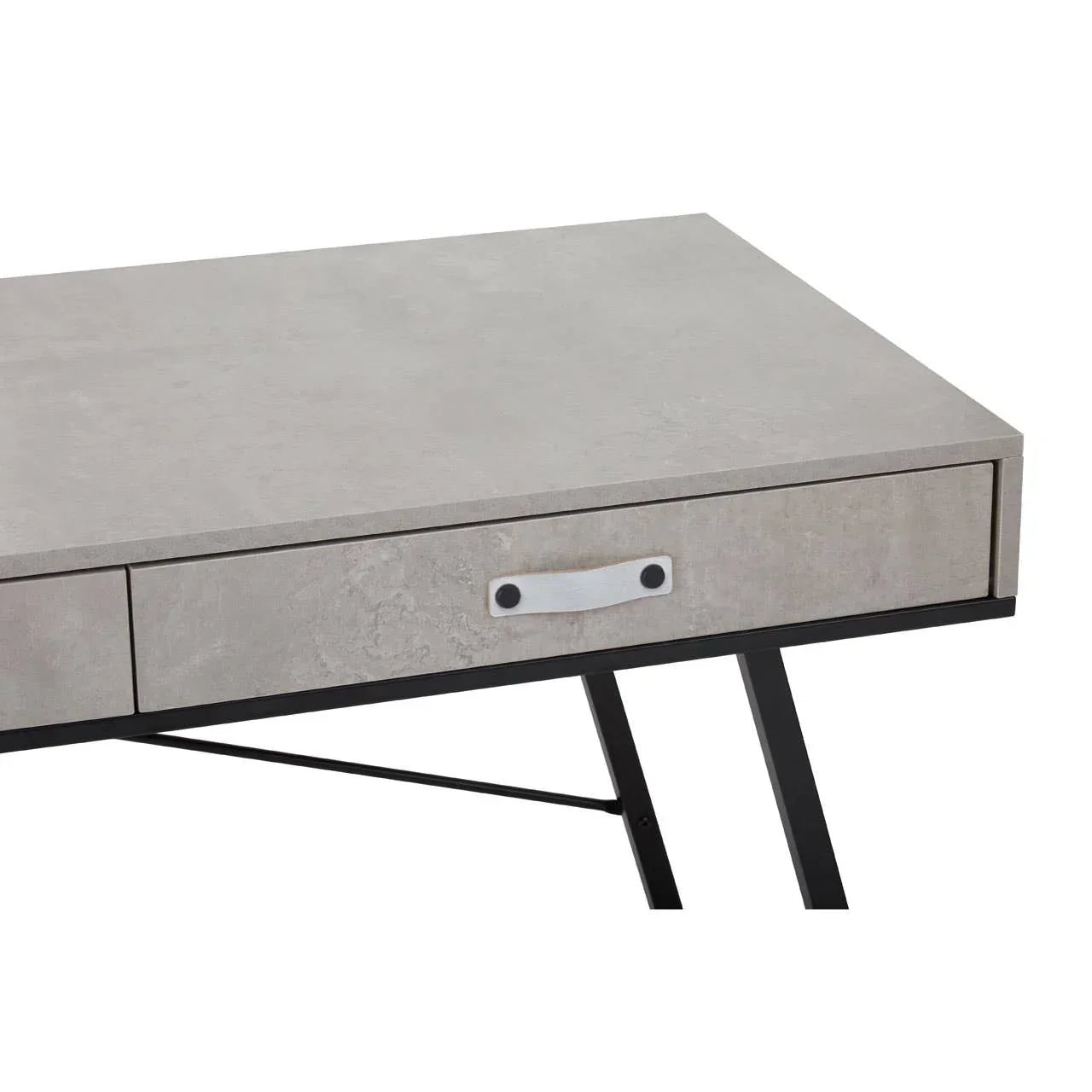 Modern concrete effect desk with black metal legs and front drawer detail