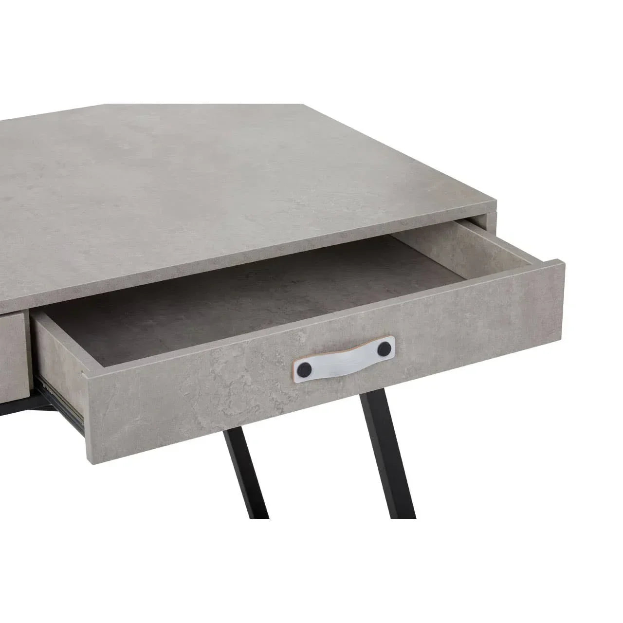 Concrete finish desk with open storage drawer and black legs, close-up view
