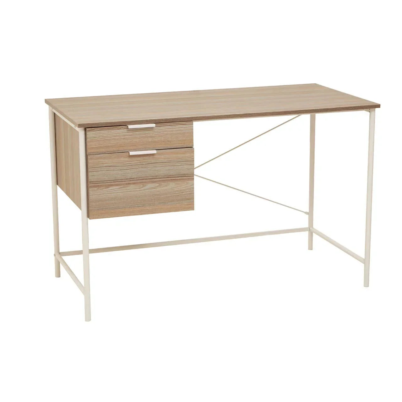 Oak effect computer desk with two drawers and white metal frame
